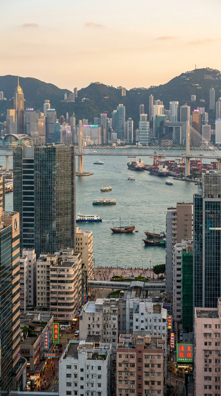 Vertical harbour and skyline view across an Asia Pacific financial city