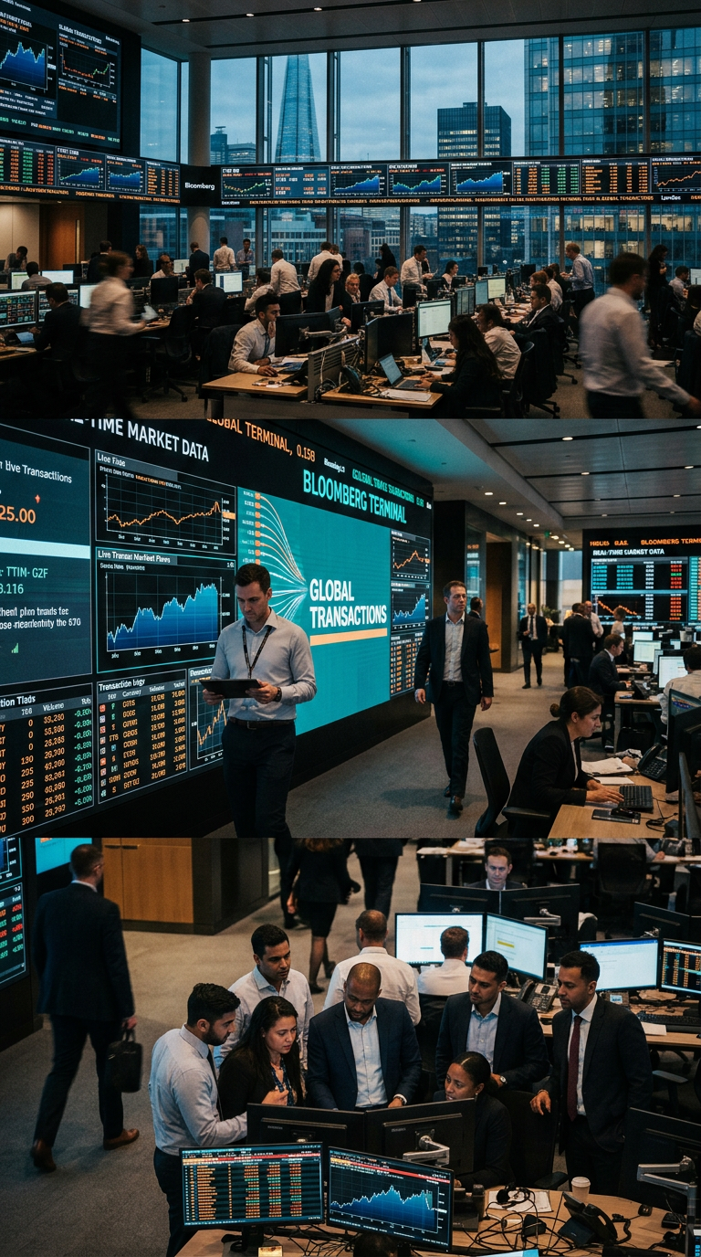 Trading floor and market data walls in a global financial hub